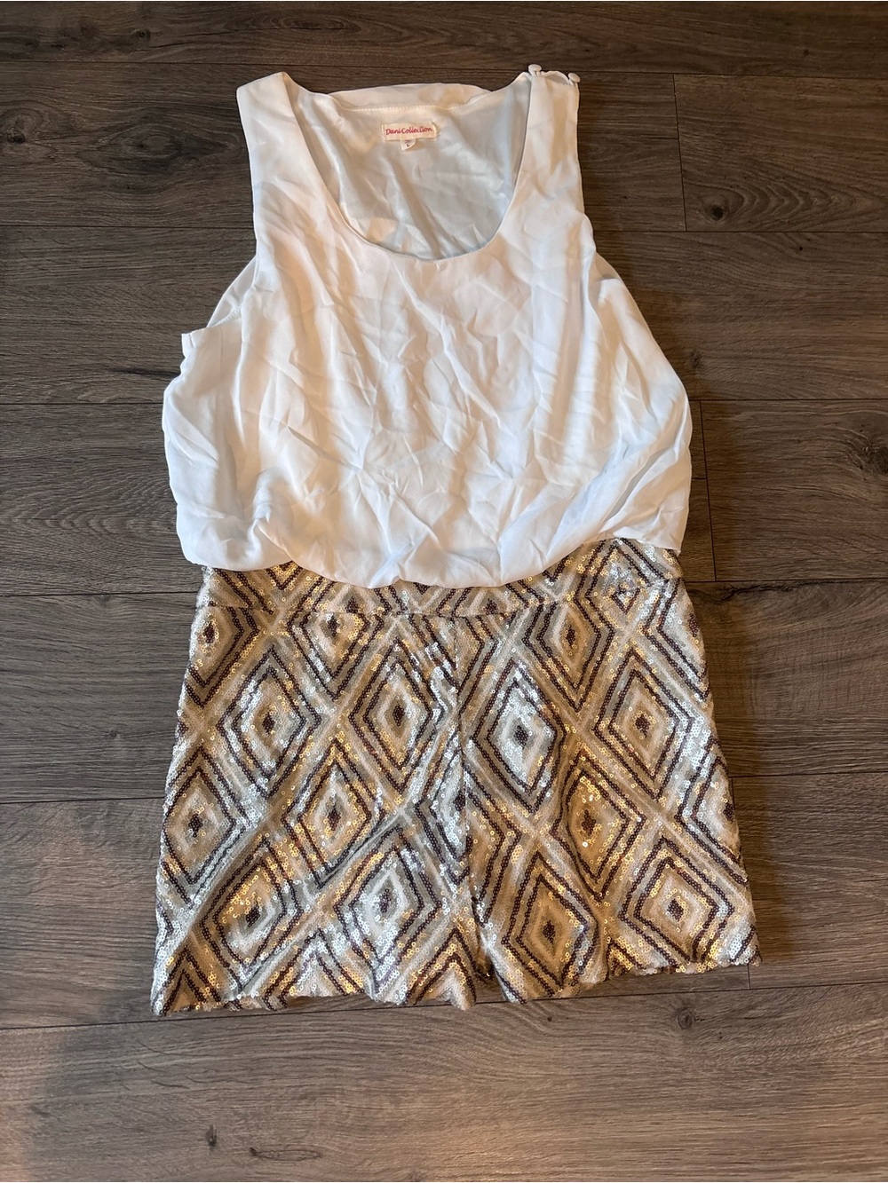 White & Gold Sequin Romper with Geometric Skirt